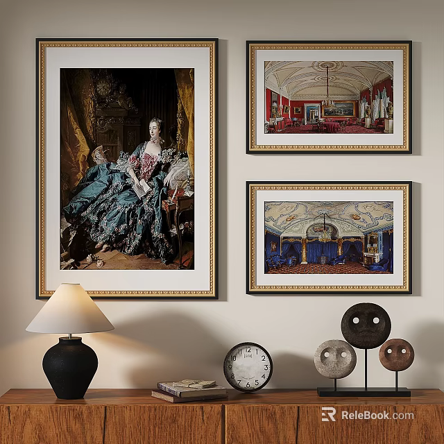 Elegant Classical Oil Paintings With Gold Frames Featuring Female Portrait And Interior Scenes 3d model 