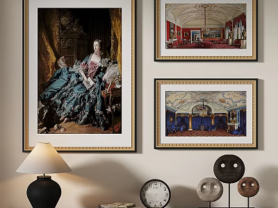 Elegant Classical Oil Paintings With Gold Frames Featuring Female Portrait And Interior Scenes 3d model