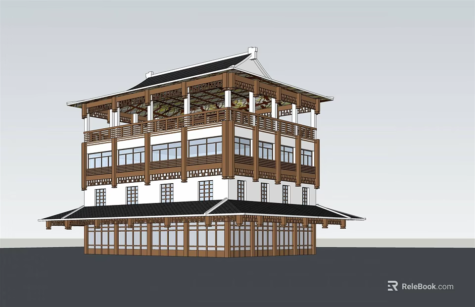 Traditional Chinese Multi story Building With Overhanging Eaves And Wooden Decorations 3d model 