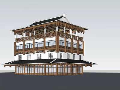 Traditional Chinese Multi story Building With Overhanging Eaves And Wooden Decorations 3d model