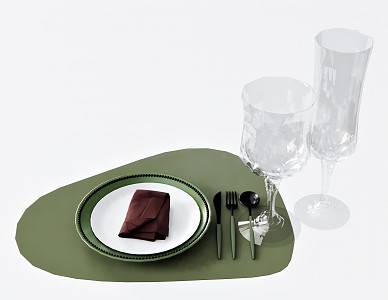 Modern Tableware Plate Saucer Wine Glass Goblet Knife and Fork Placemat Napkin 3d model