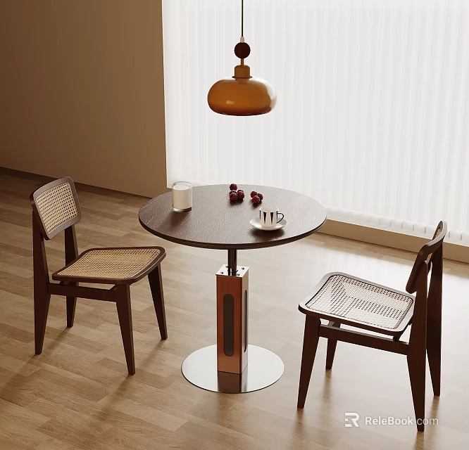 Modern Round Negotiation Table And Chairs With Woven Seats And Pendant Light 3d model 