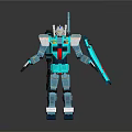 Blue And Gray Robot Character In 3D Model With Mechanical Armor And Arm Weapon