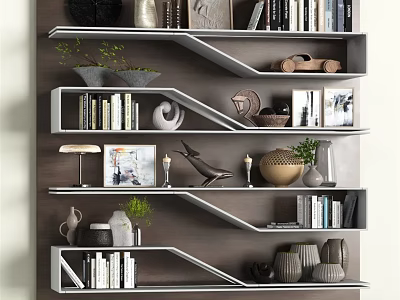 Stylish Decorative Ornaments Set Arranged On Modern Shelves With Books Plants Vases And Photo Frames 3d model