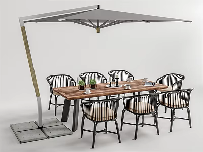 Wooden Top Outdoor Table with Woven Metal Frame Chairs and Gray Umbrella 3d model