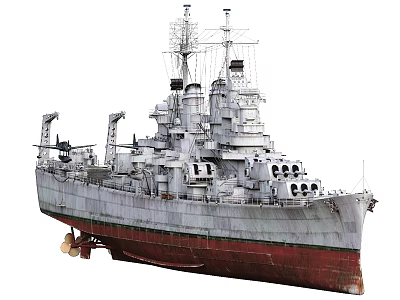 Vintage Warship Featuring Prominent Superstructure Turrets And Red Bottom Hull Design 3d model