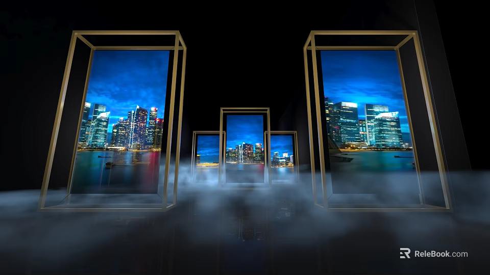 Modern Exhibition Entrance Design With Golden Frames City Night View And Smoke Effect 3d model 