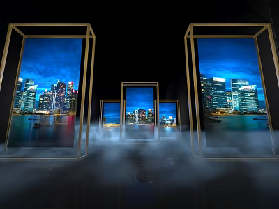 Modern Exhibition Entrance Design With Golden Frames City Night View And Smoke Effect 3d model