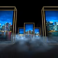 Modern Exhibition Entrance Design With Golden Frames City Night View And Smoke Effect