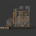 Industrial Mechanical Structure With Metal Frame Square Boxes Circular Canisters And Yellow Grid Floor