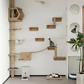 Wooden Cat Wall Shelves With Cat Bed Scratching Post Potted Plant And Window Blinds