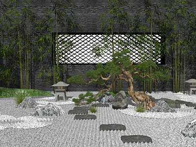 Traditional Japanese Courtyard Garden With Bamboo Lattice Window White Gravel Pine Tree And Stone Lanterns 3d model