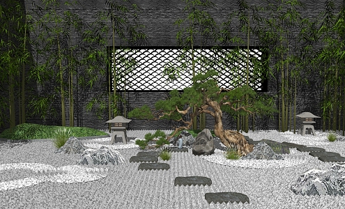 New Chinese style landscape sketch courtyard landscape sketch pine stone 3d model