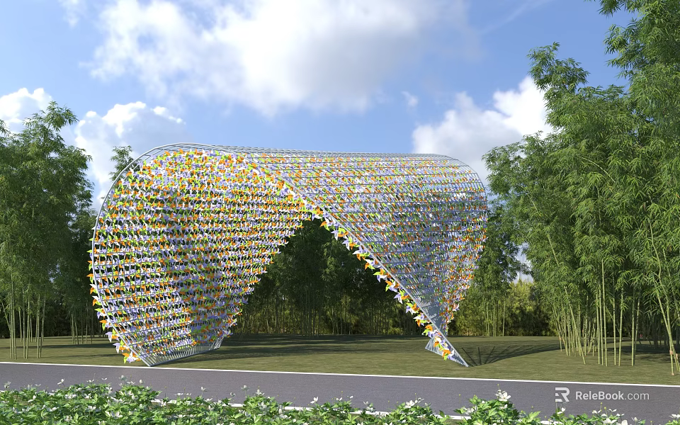 Colorful Curved Pergola Structure With Decorative Units Surrounded By Green Trees And Grass 3d model 