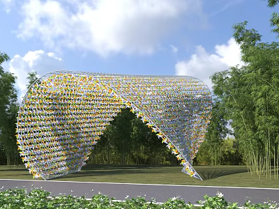 Colorful Curved Pergola Structure With Decorative Units Surrounded By Green Trees And Grass 3d model