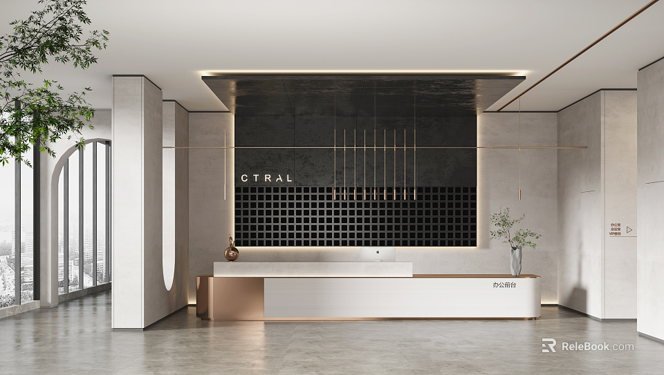 Elegant Modern Front Desk Reception With Marble Countertop And Grid Background Wall 3d model 