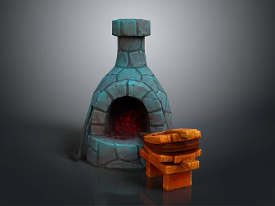 Medieval Stone Stove Structure With Glowing Red Fire And Wooden Bench 3d model