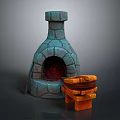 Medieval Stone Stove Structure With Glowing Red Fire And Wooden Bench
