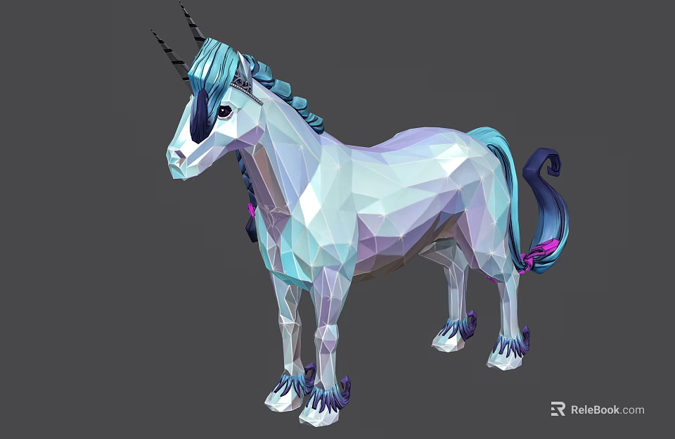 Low Poly Style Unicorn Game Character With Blue Mane Purple Tail And Horn 3d model 