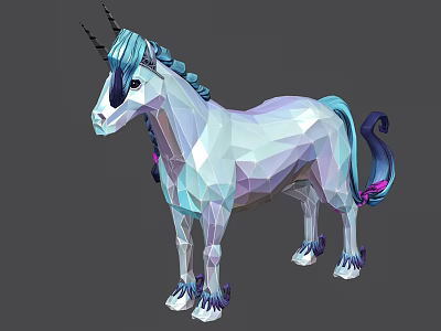 Low Poly Style Unicorn Game Character With Blue Mane Purple Tail And Horn 3d model