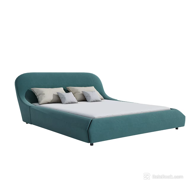 Teal Upholstered Double Bed With Modern Design And Comfortable Pillows 3d model 