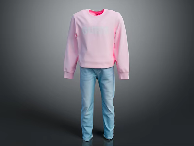 Casual Pink Sweatshirt With Balenciaga Lettering And Light Blue Jeans Outfit 3d model