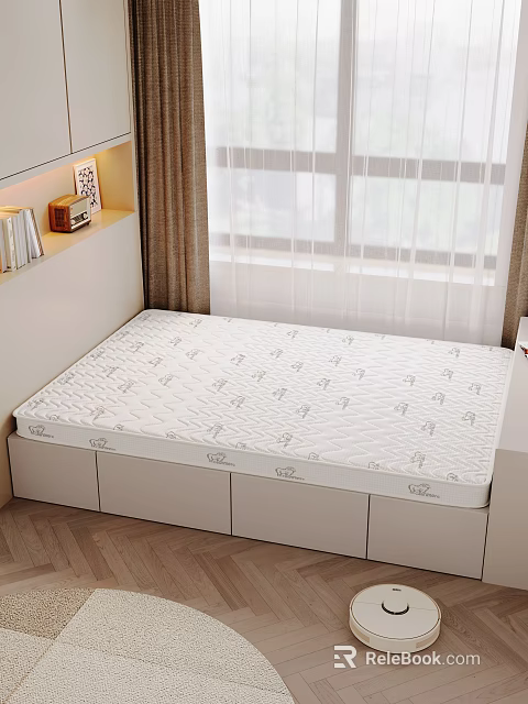 Comfortable Mattress With Patterned Surface On Storage Drawer Bed Frame In Modern Bedroom With Bookshelf And Curtains 3d model 