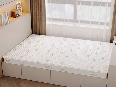 Comfortable Mattress With Patterned Surface On Storage Drawer Bed Frame In Modern Bedroom With Bookshelf And Curtains 3d model
