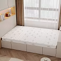 Comfortable Mattress With Patterned Surface On Storage Drawer Bed Frame In Modern Bedroom With Bookshelf And Curtains