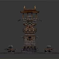 Traditional Chinese Multi tiered Tower With Pavilion Roof Golden Decorations And Stone Base Sculptures