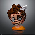 Cartoon Character With Curly Auburn Hair Wearing Glasses Paper Airplane on Head And Orange Outfit