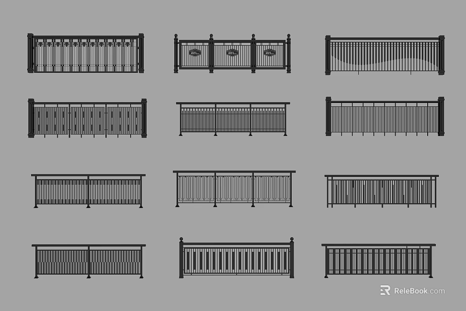Various Fence Design Styles With Decorative Panels And Horizontal Slats 3d model 