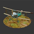 Light Blue Vintage Biplane Passenger Plane Model With Propeller On Grassy Rocky Base