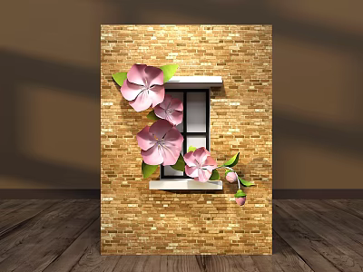 3D Brick Wall Decor with Pink Flowers Green Leaves and Window Design 3d model