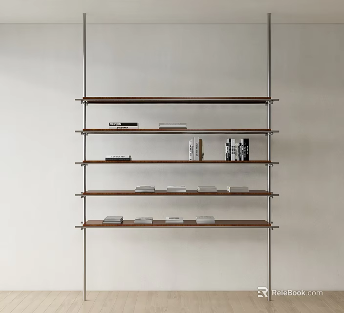 Modern Bookshelf With Wooden Shelves And Metal Frame Holding Stacked Books 3d model 