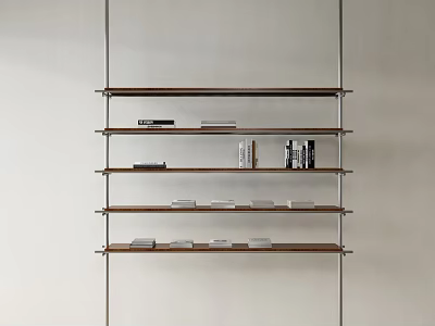 Modern Bookshelf With Wooden Shelves And Metal Frame Holding Stacked Books 3d model