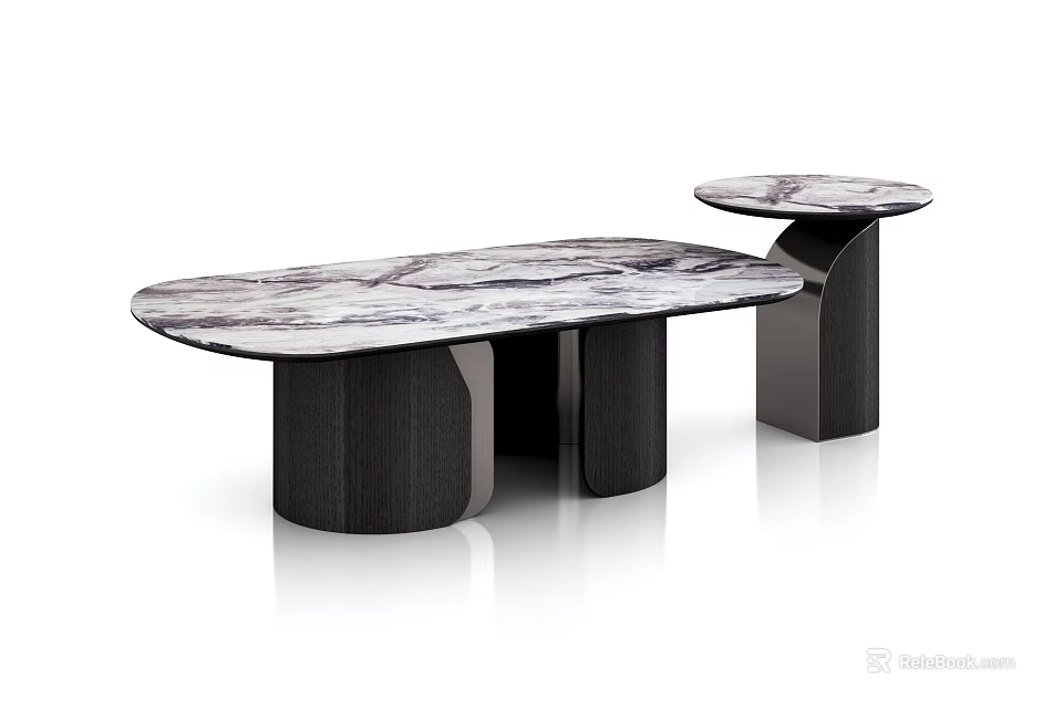 Modern Minimalist Coffee Table With Marble Top Oval Main And Small Round Dark Wooden Legs 3d model 
