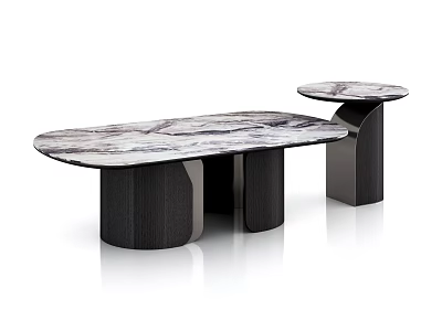 Modern Minimalist Coffee Table With Marble Top Oval Main And Small Round Dark Wooden Legs 3d model