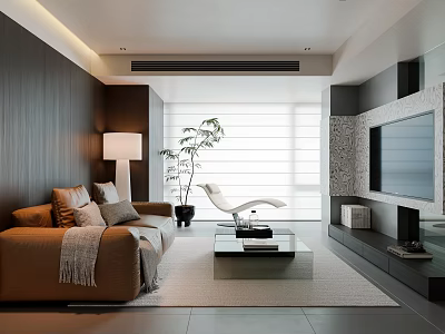 Modern Living Room Interior With Brown Sofa Coffee Table Floor Lamp And Potted Plant 3d model