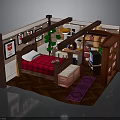 Cozy Bedroom Interior With Red Plaid Bed Bookshelf Green Plants And Framed