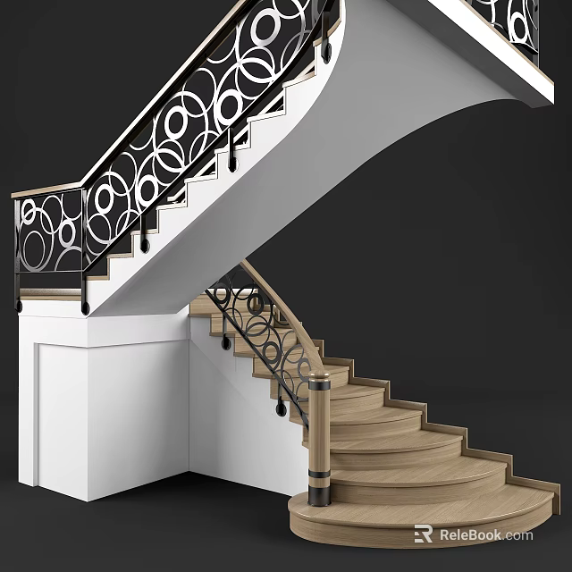 Elegant Curved Staircase With Black Wrought Iron Railings And Wooden Steps 3d model 