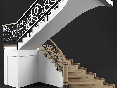 Elegant Curved Staircase With Black Wrought Iron Railings And Wooden Steps 3d model