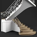 Elegant Curved Staircase With Black Wrought Iron Railings And Wooden Steps