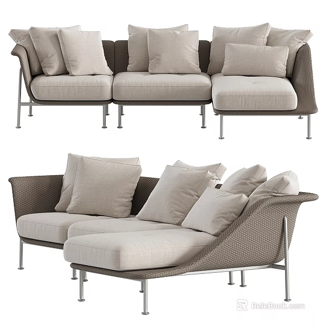 Modern Double Sofa With Beige Cushions Woven Frame And Metal Legs 3d model 