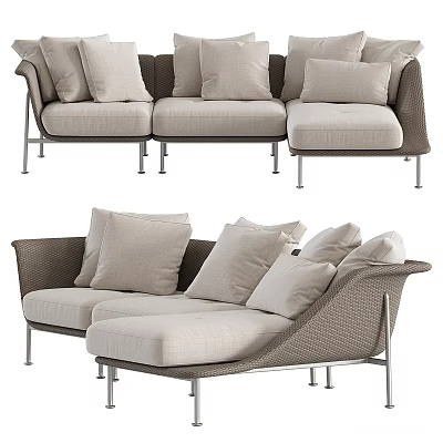 Modern Double Sofa With Beige Cushions Woven Frame And Metal Legs 3d model