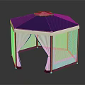 Hexagonal Outdoor Tent With Blue Roof White Finial And White Side Curtains