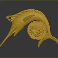 Golden Marlin Fish Shaped Decorative Ornament With Circular Emblem For Home Decor