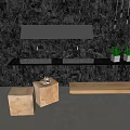 Modern Washbasin with Double Sinks Black Countertop Dark Marble Wall Wooden Stools and Potted Plants