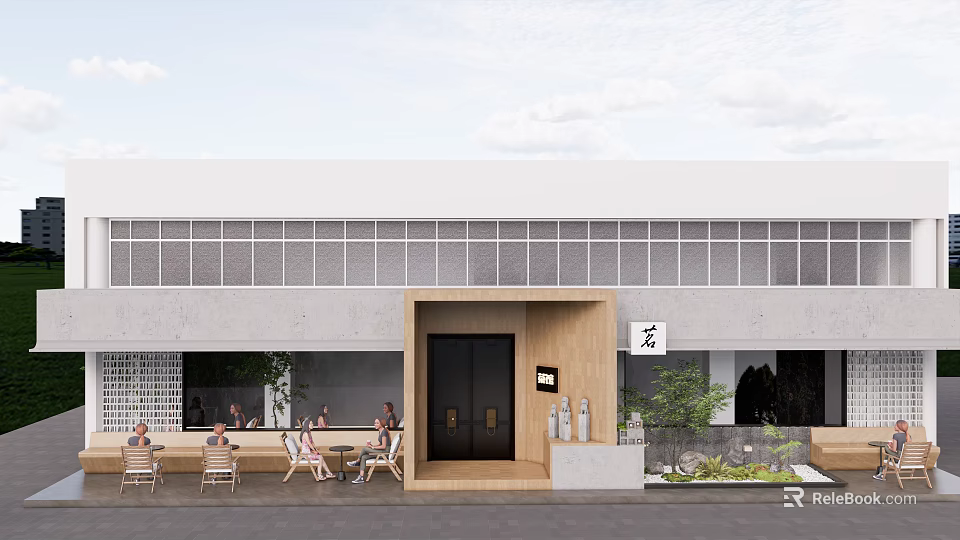 Modern Storefront Facade With Wooden Frame Black Door Outdoor Seating And Green Plants 3d model 