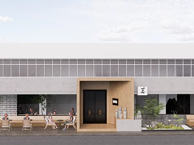 Modern Storefront Facade With Wooden Frame Black Door Outdoor Seating And Green Plants 3d model